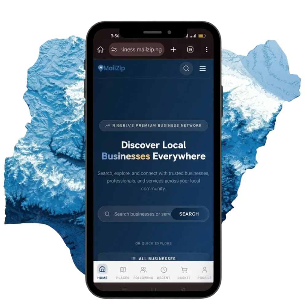 MailZip business discovery on a phone, with a map of Nigeria