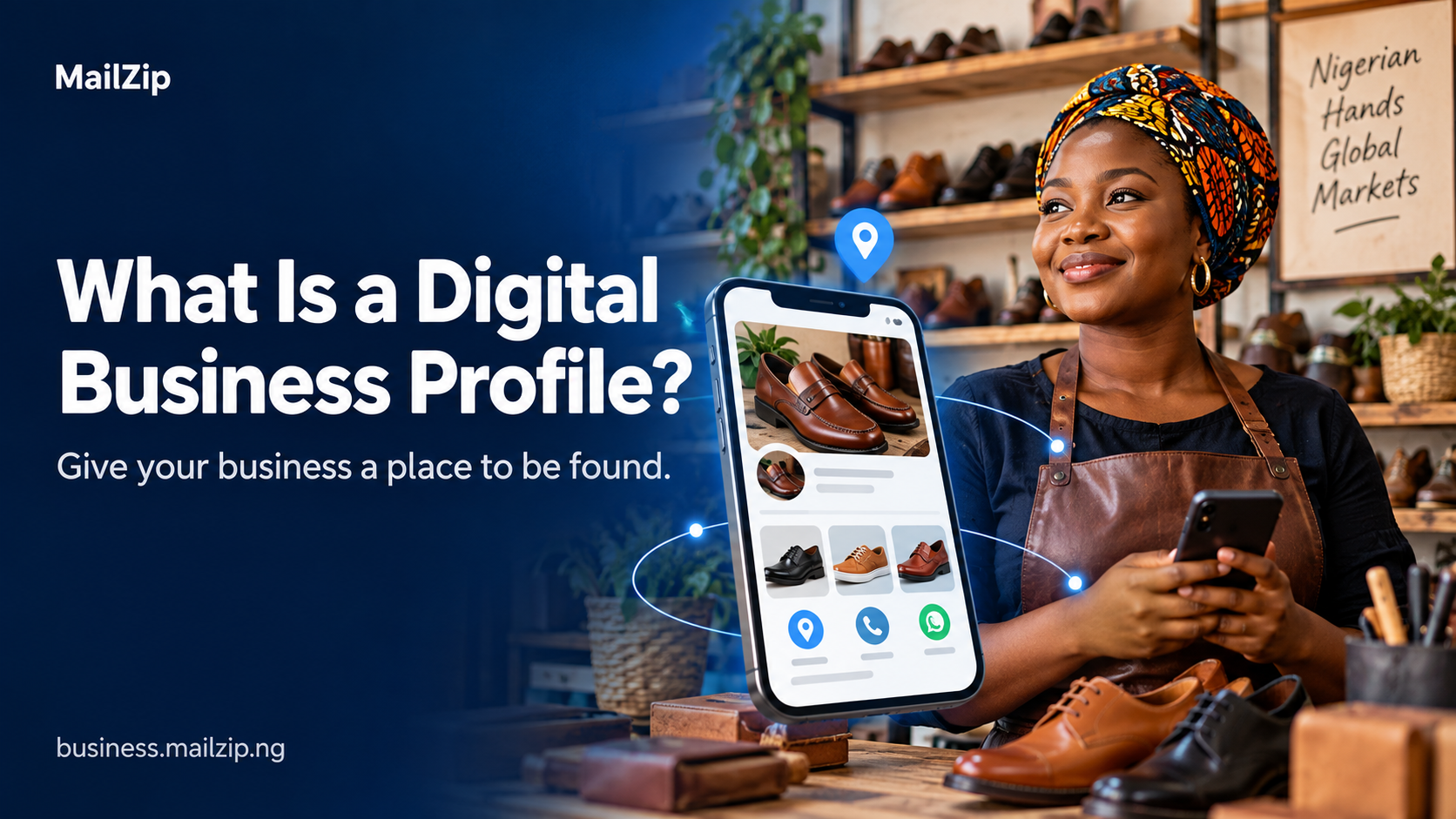 A Nigerian shoemaker in her shop beside a smartphone displaying a digital business profile, with the headline “What Is a Digital Business Profile?” in MailZip’s blue colours.
