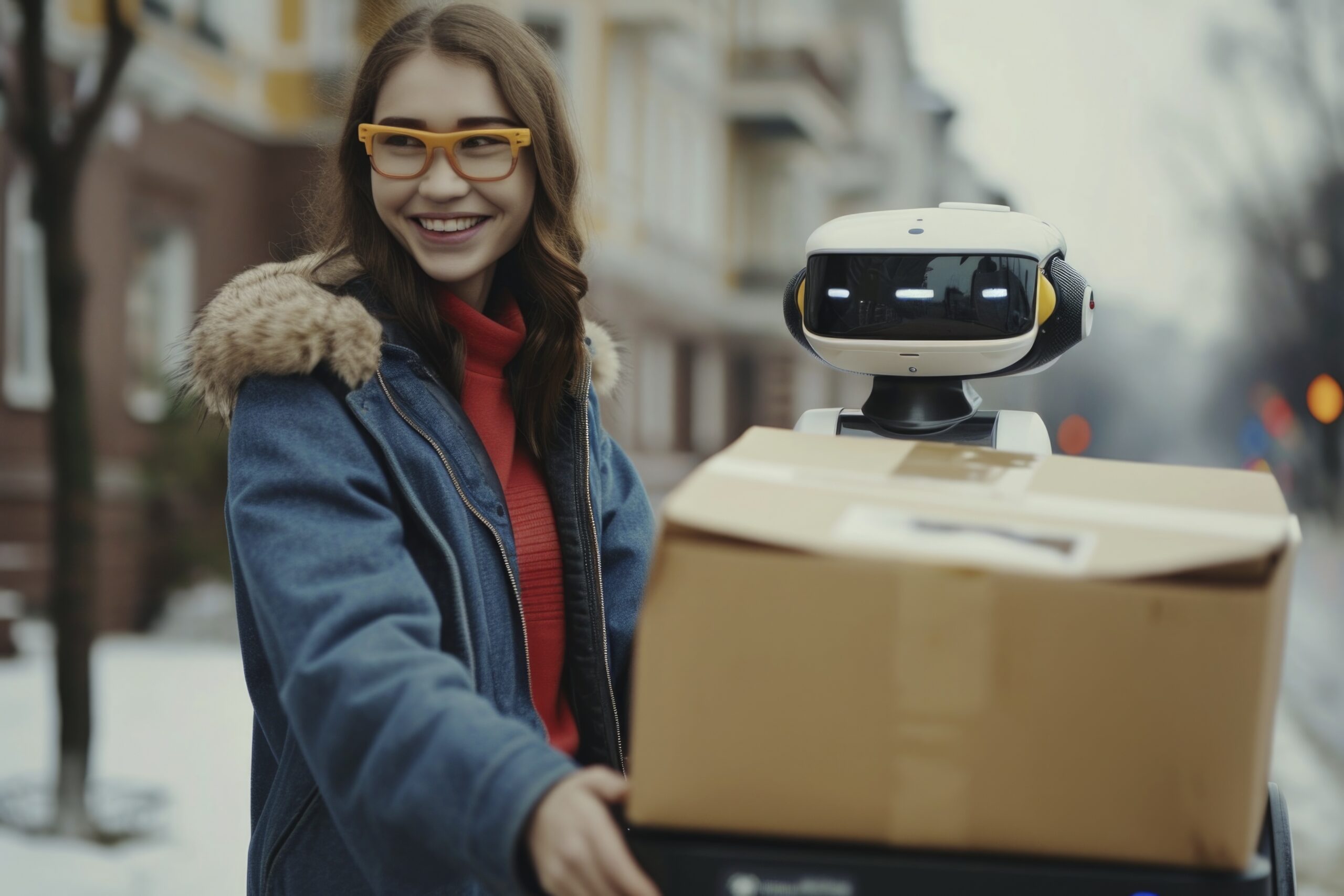 Yandex mini robot delivere a package to a standing next to smiling girl --chaos 13 --ar 3:2 --v 6 Job ID: a0c93726-6666-4814-8c5c-48d125f4f57b